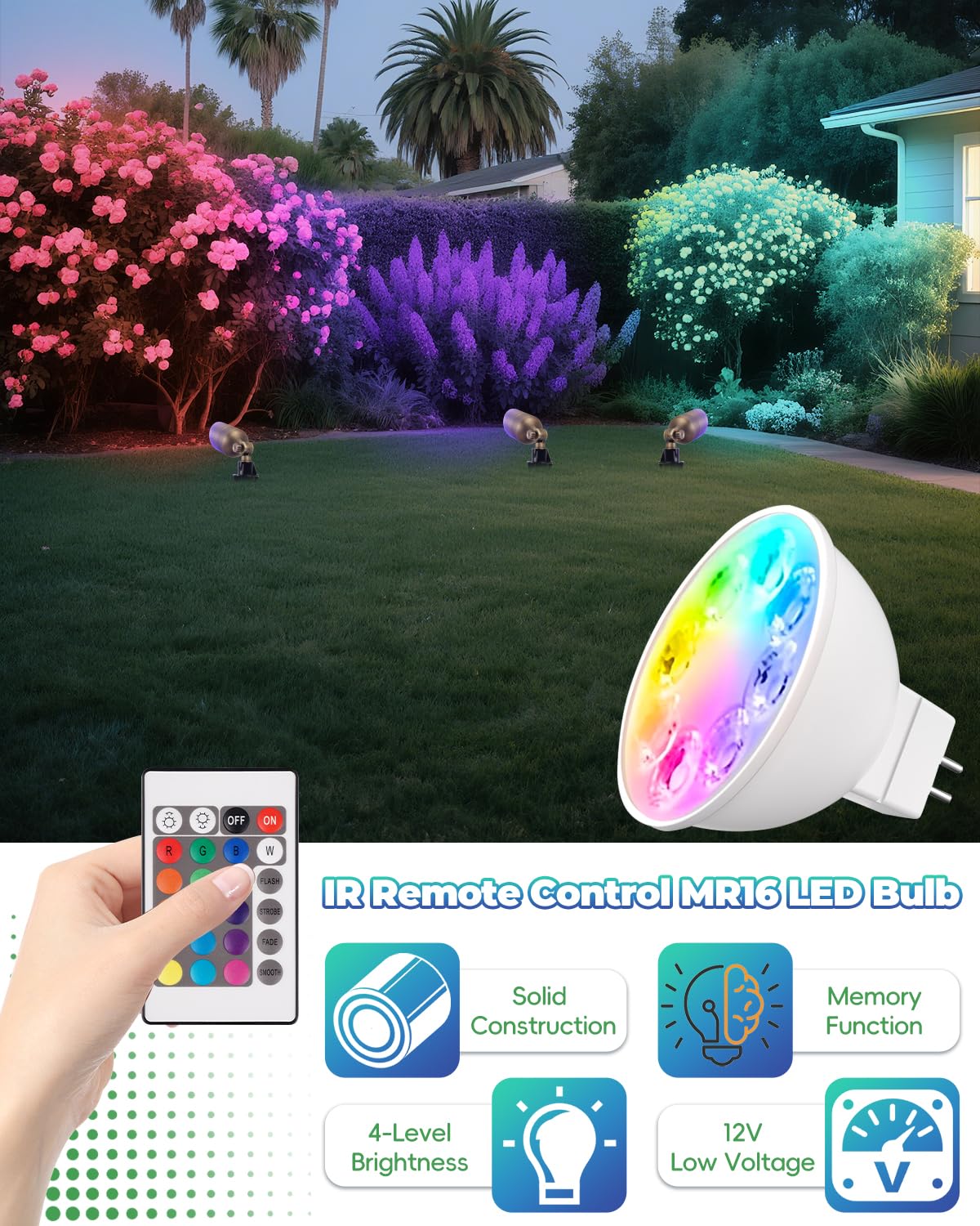 Makergroup MR16 GU5.3 bi-pin connection enables quick plug-in landscape lighting installation.