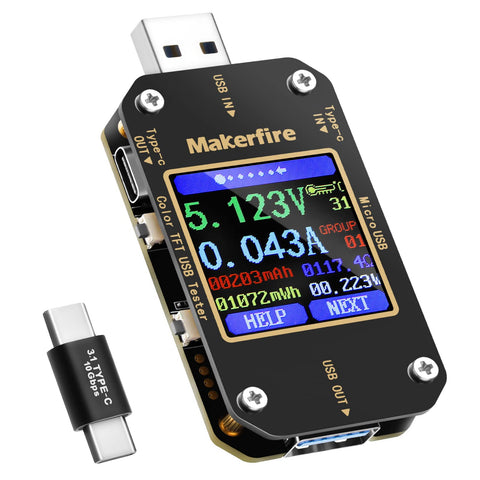 MakerHawk USB Multimeter screen shows real-time voltage and current for quick checks.