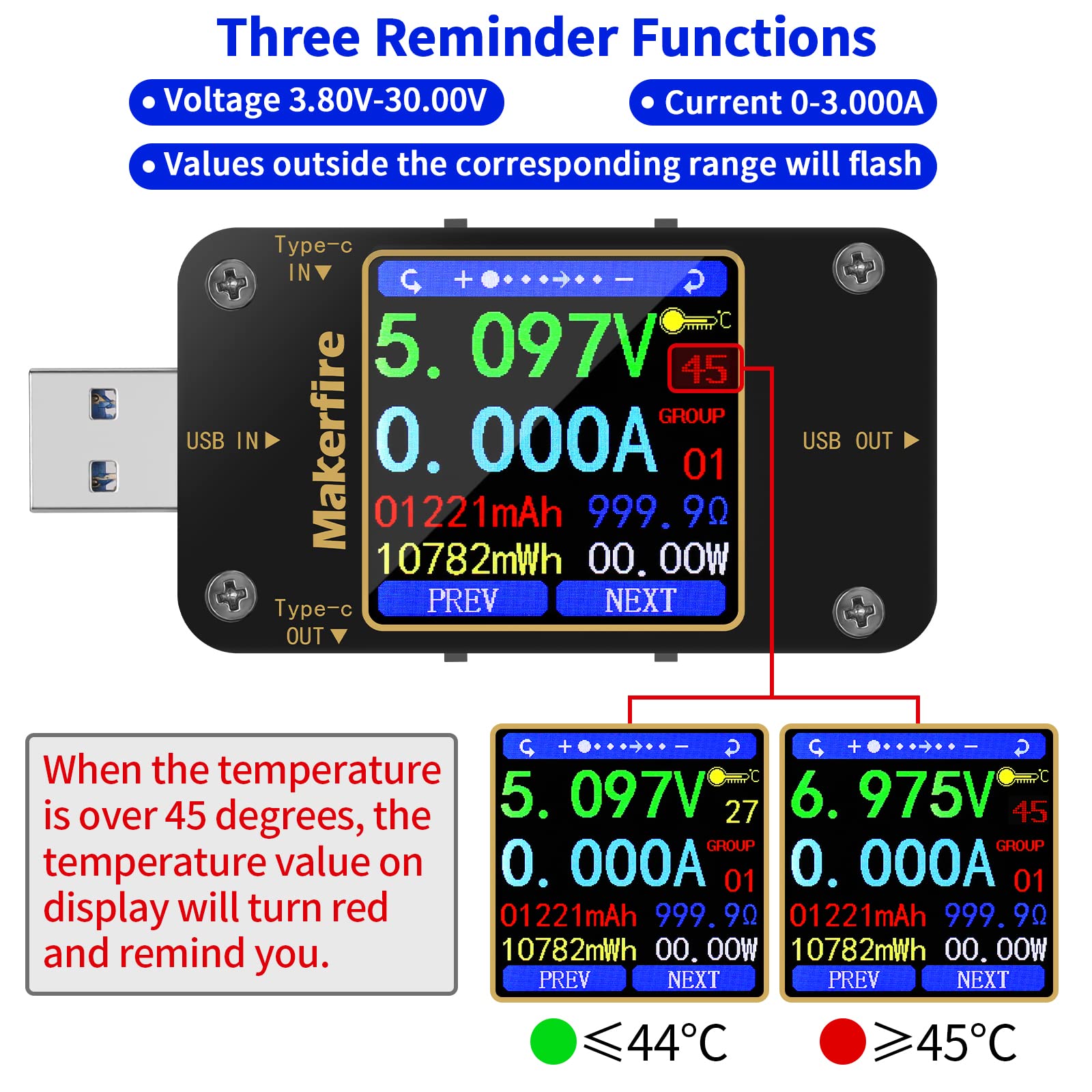 MakerHawk USB Multimeter temperature alarm highlights overheating risk