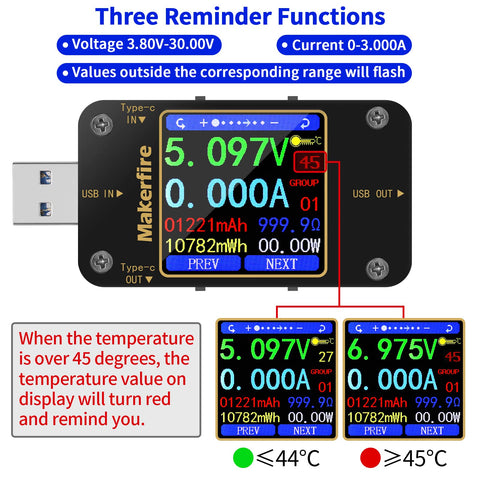 MakerHawk USB Multimeter temperature alarm highlights overheating risk