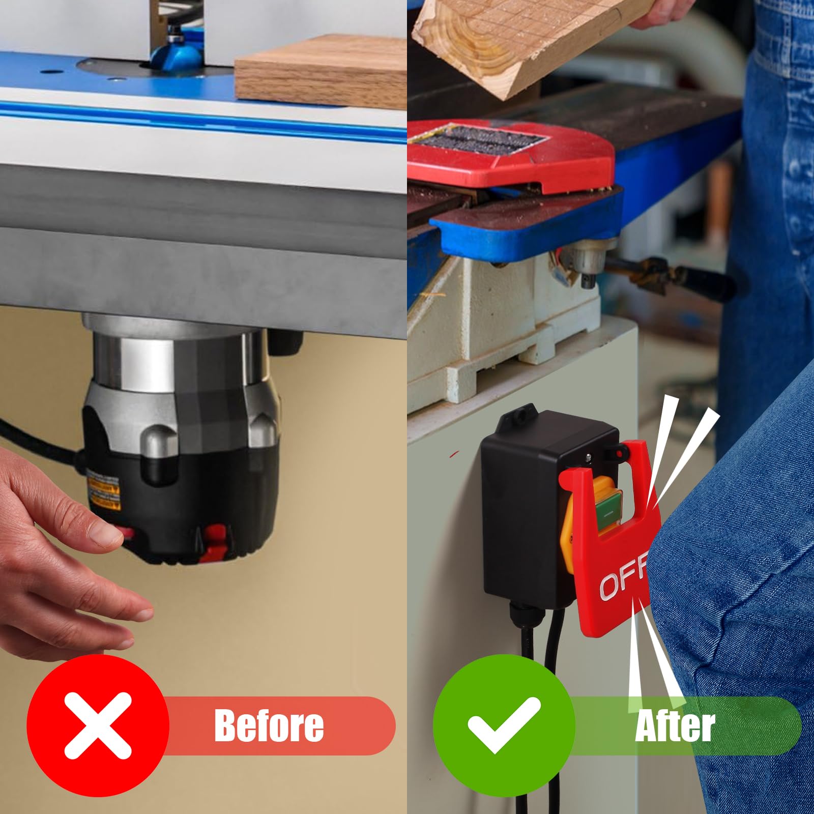 Makevivi emergency paddle in action for hands-free stop in busy workshops.