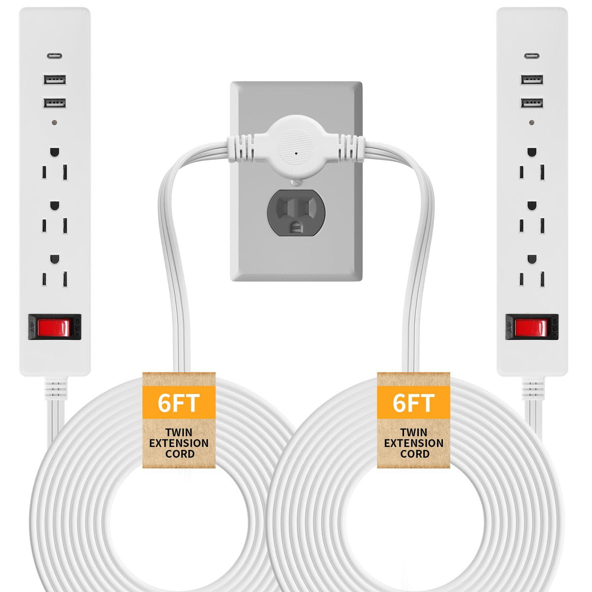 Makevivi Twin Extension Cord close-up of flat plug for space-saving setup