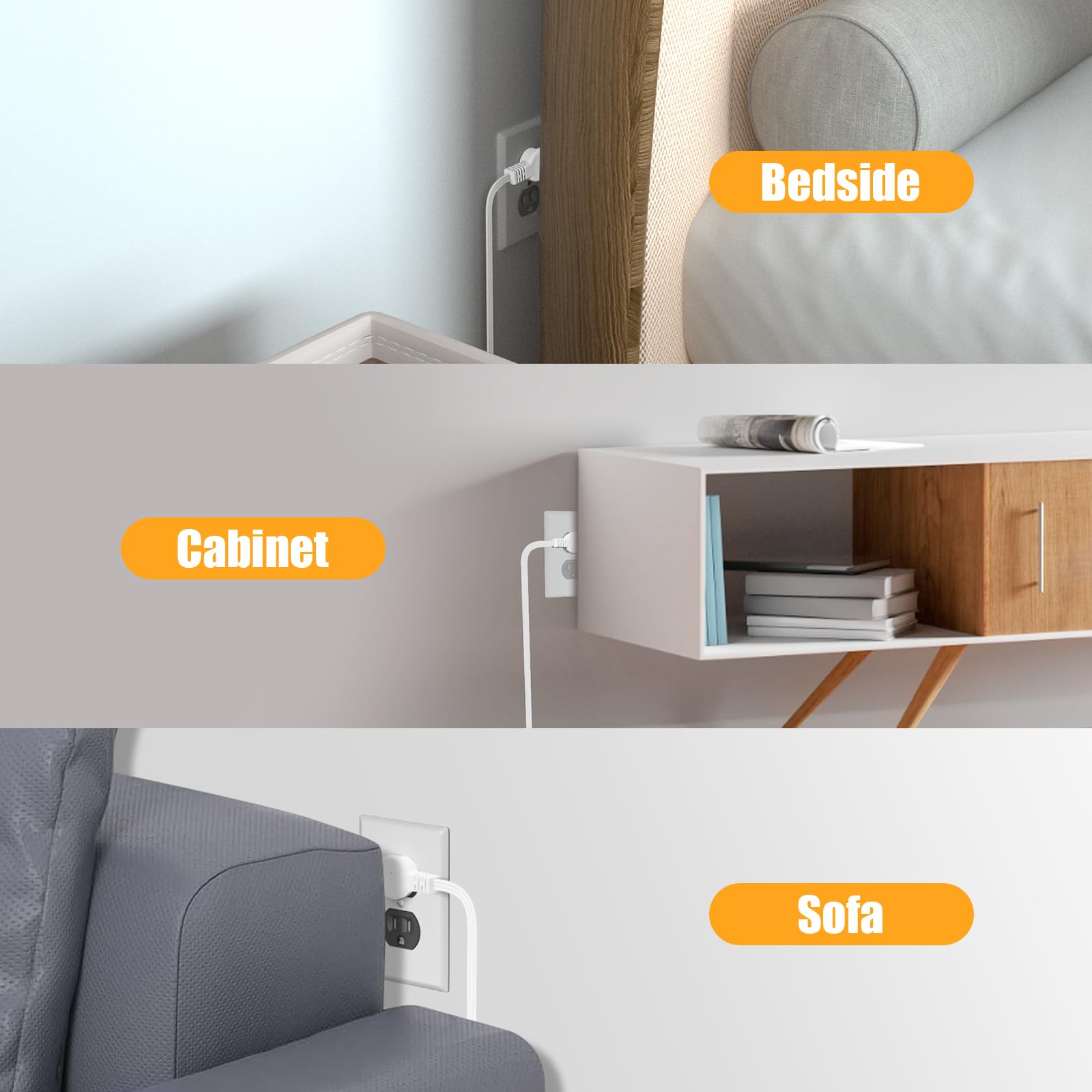 Makevivi Twin Extension-Cord Power Strip flat-design plug sits flush behind furniture.