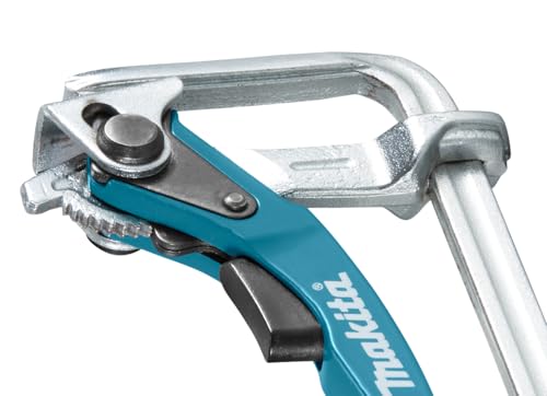 Makita 199826-6 quick-release clamp attached to a 1000mm guide rail for secure material hold