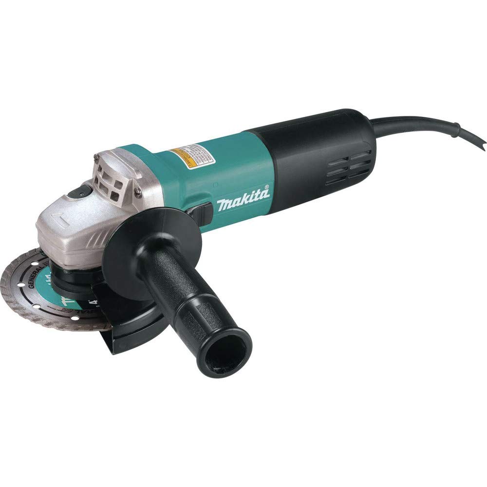 Makita 9557NB angle grinder left side showing ergonomic grip and control