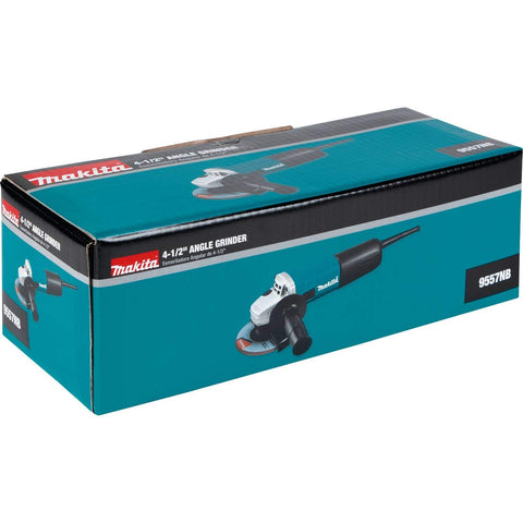 Makita 9557NB kit contents including guard, wheel, and wrenches for quick setup