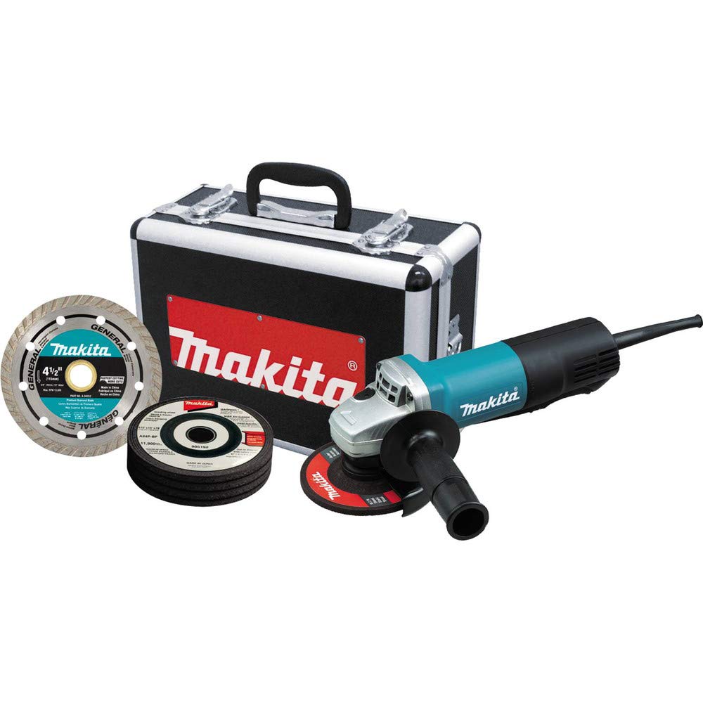 Makita 9557PBX1 angle grinder front view for precise cutting