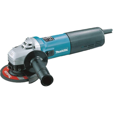 Makita 9564CV SJS angle grinder front view for compact metal grinding power.