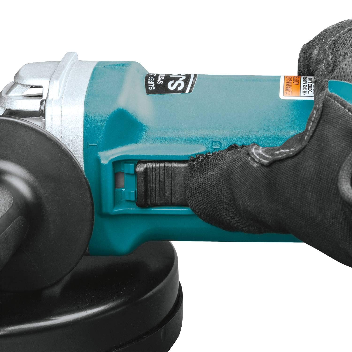 Makita 9566CV 13-amp motor detail emphasizing high power for tough jobs