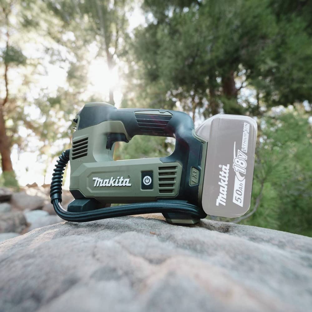 Makita ADMP180ZX Outdoor Adventure inflator quickly tops up car tires and bikes.