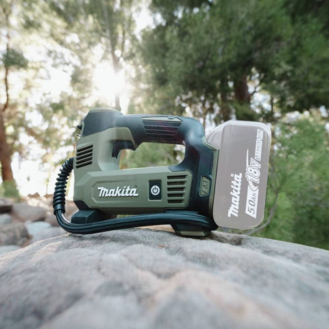 Makita ADMP180ZX Outdoor Adventure inflator quickly tops up car tires and bikes.