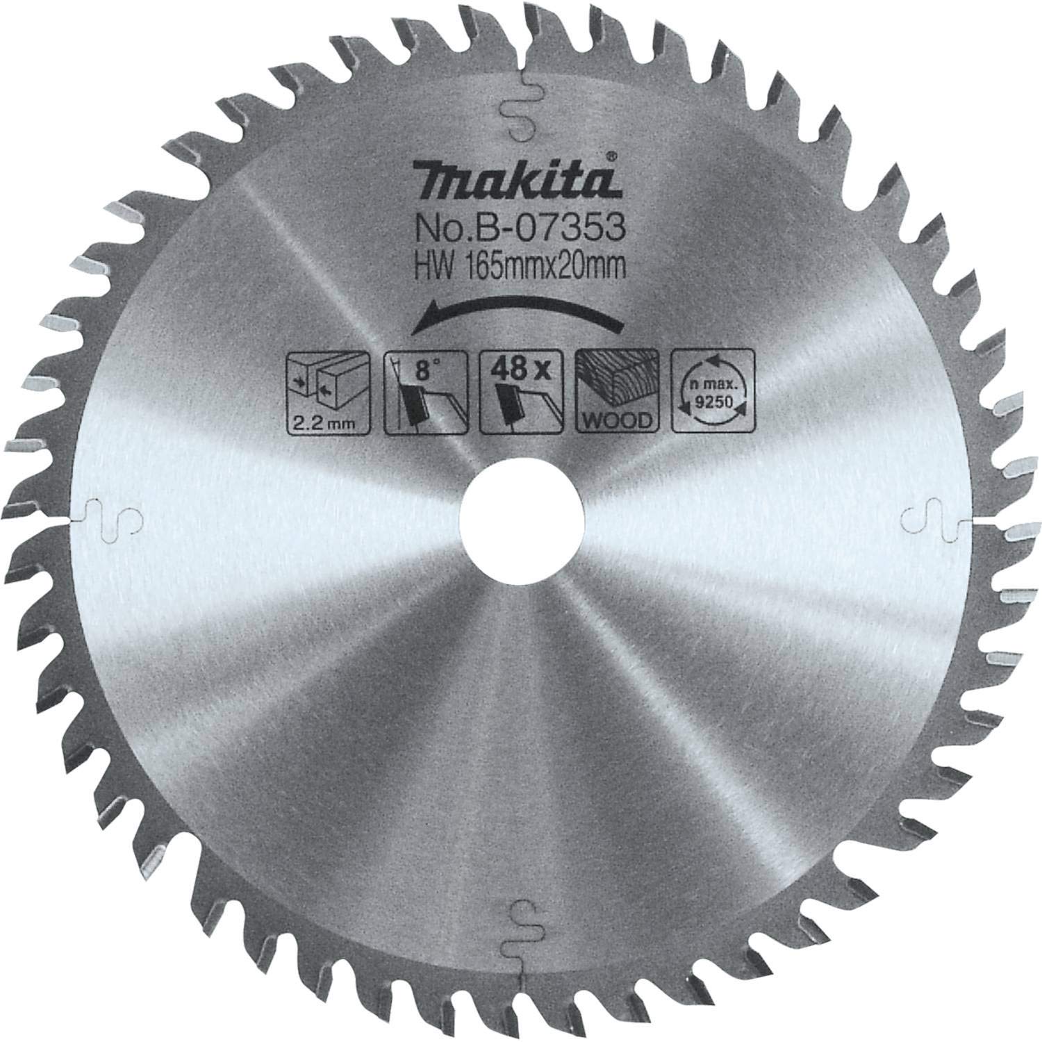 Makita B-07353 carbide-tipped blade, 165mm, for smoother cuts and durability.