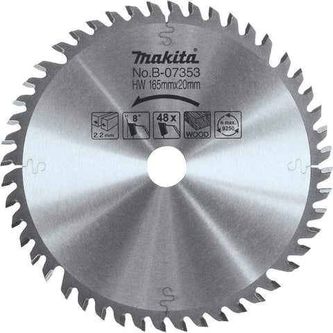 Makita B-07353 carbide-tipped blade, 165mm, for smoother cuts and durability.