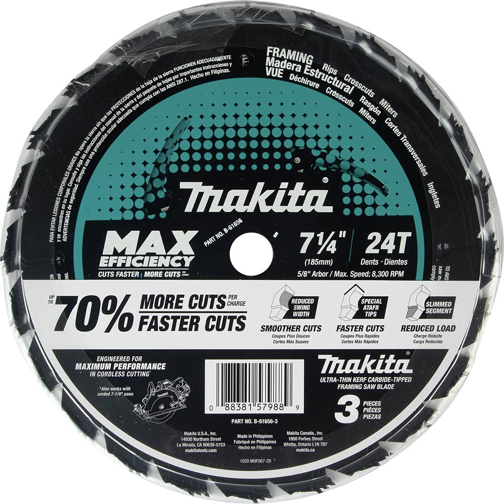 Makita B-61656-3 blade coating minimizes pitch build-up during use.