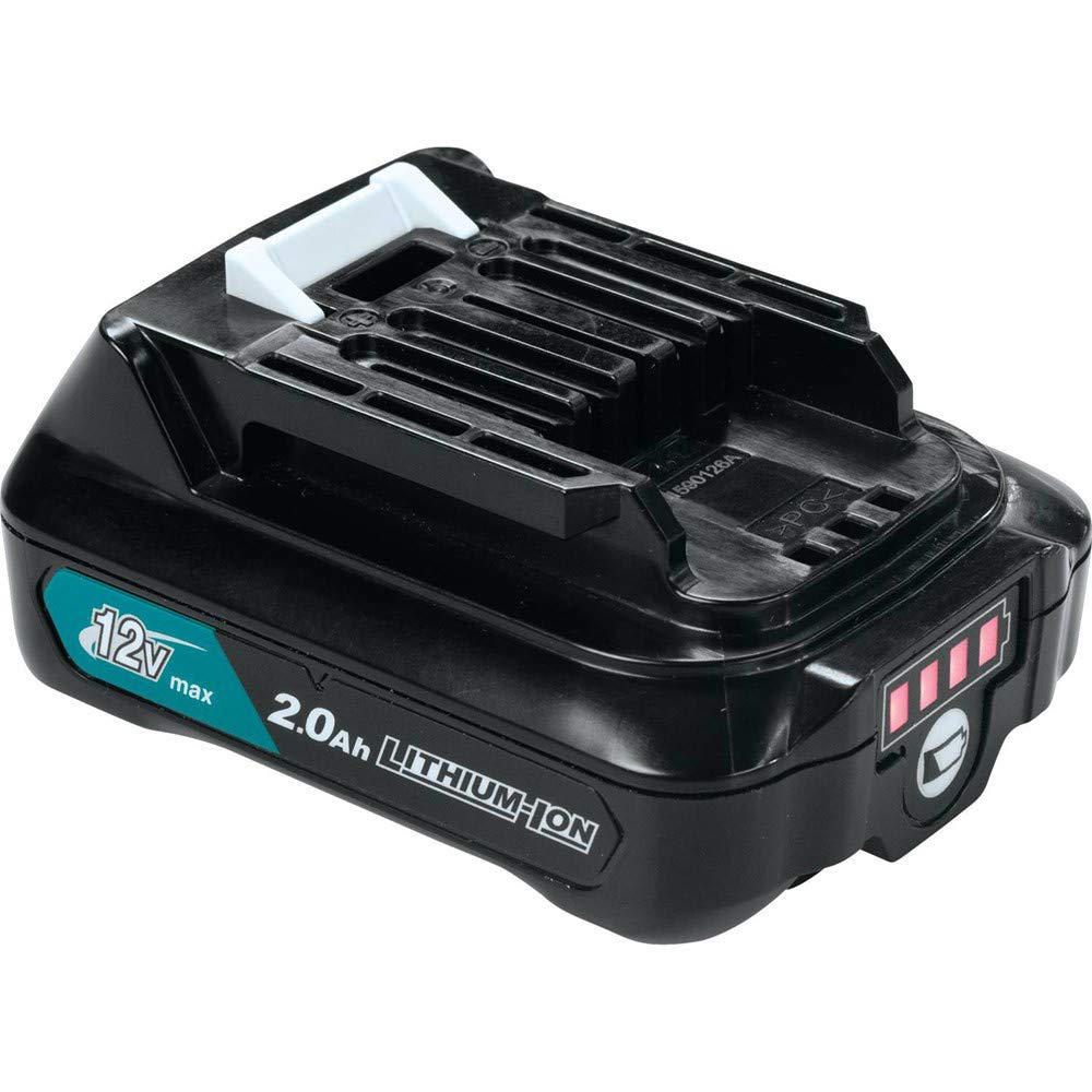 Makita BL1021B battery front view showing compact lithium-ion design and balanced ergonomics.