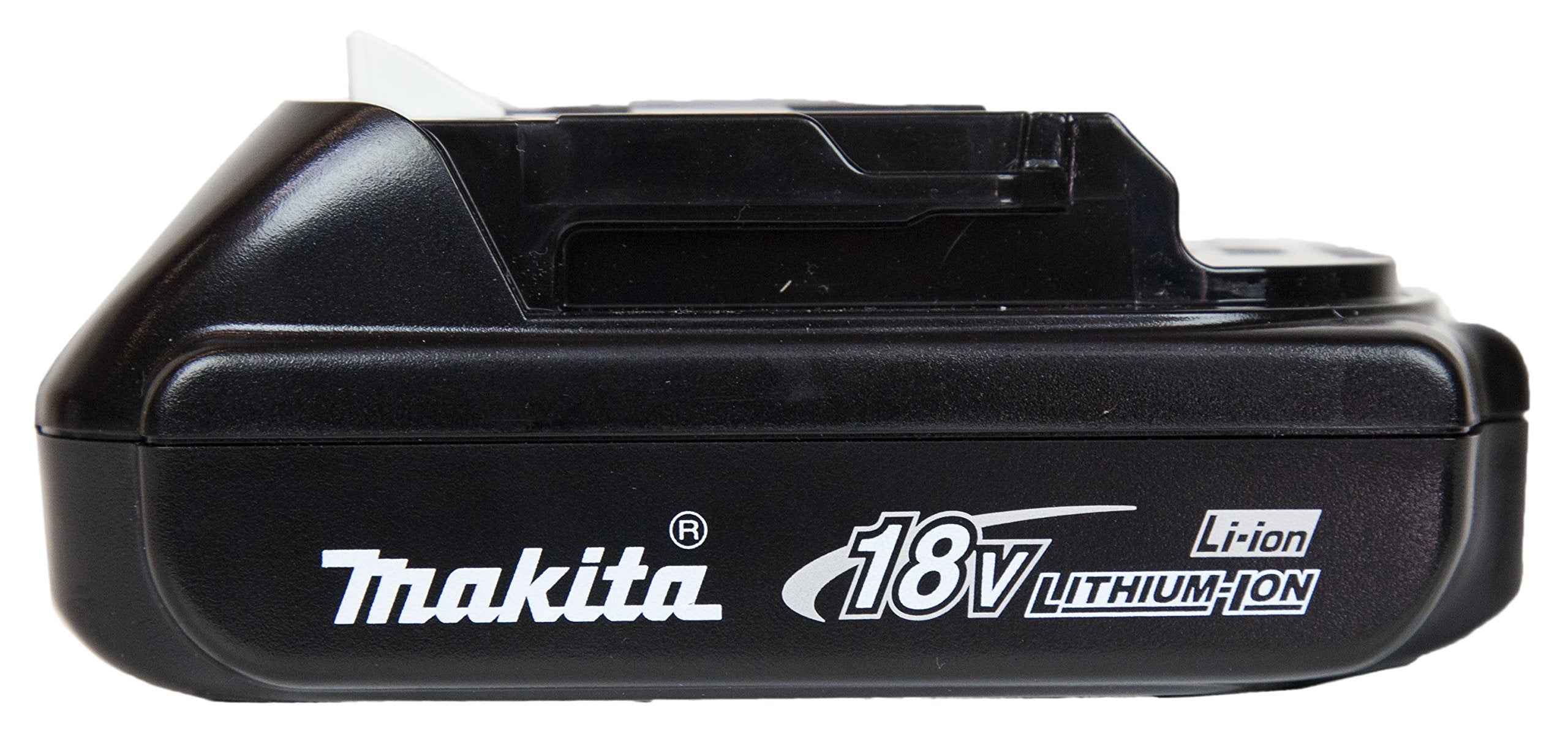 Makita BL1815N 18V 1.5Ah battery side view emphasizing slim form for tool balance.