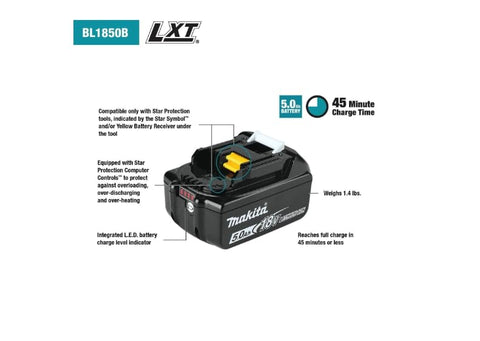 Makita BL1850 18V 5Ah battery contacts closeup highlights efficient power delivery.