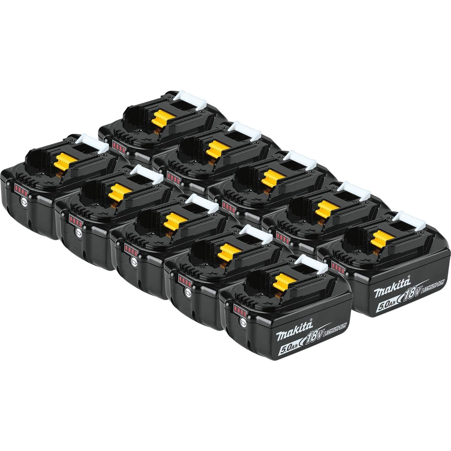 Makita BL1850B-10 battery front view highlighting compact design for extended tool work.