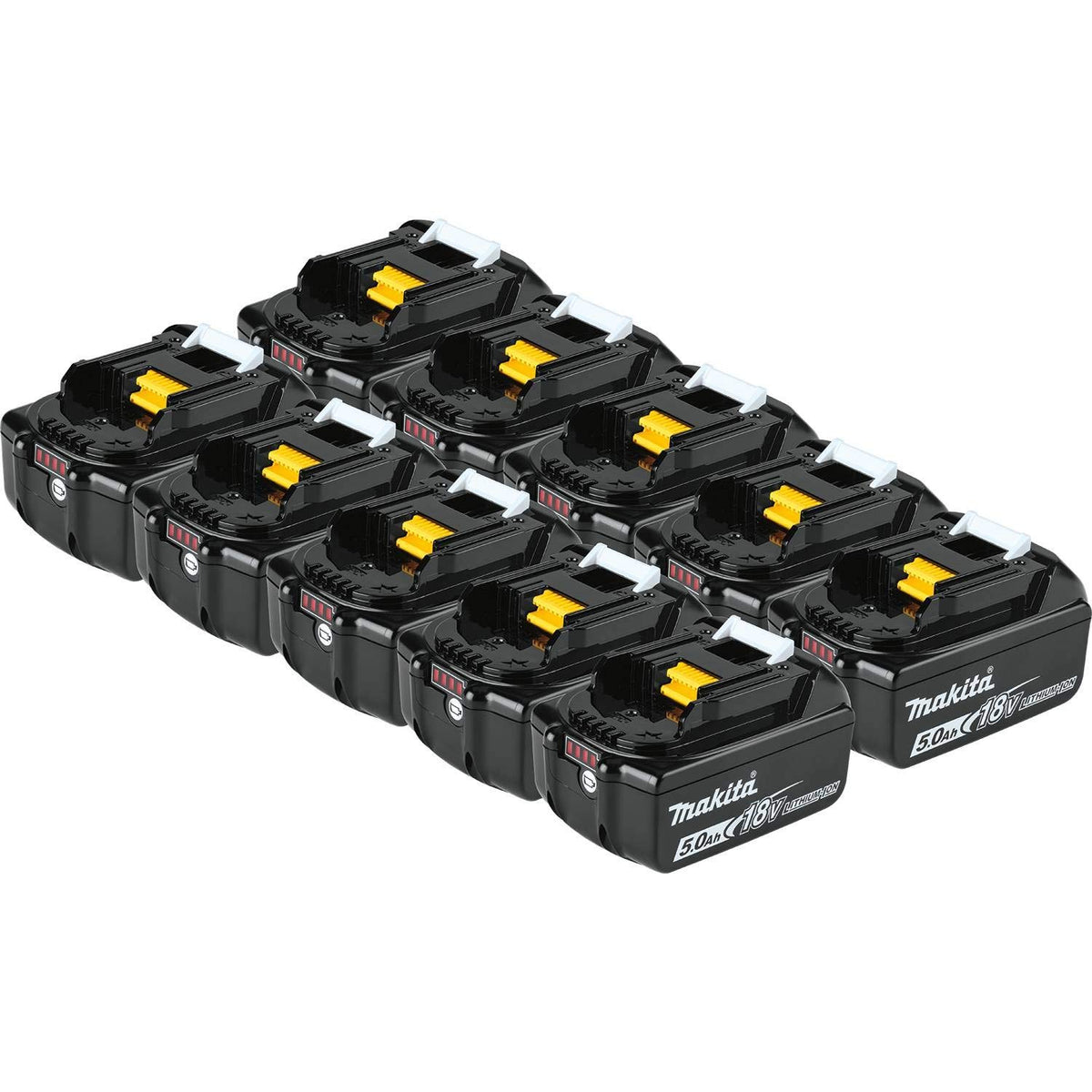 Makita BL1850B-10 battery front view highlighting compact design for extended tool work.