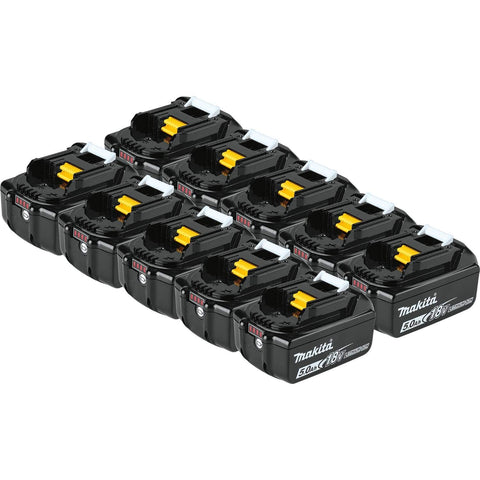 Makita BL1850B-10 battery front view highlighting compact design for extended tool work.