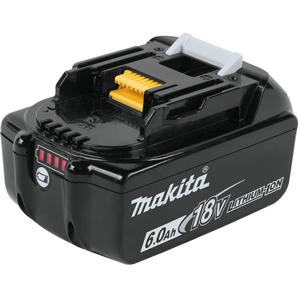 Makita BL1860B battery with full charge indicator for quick status checks.