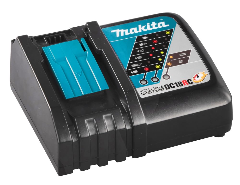 Makita DC18RC illustrates battery communication chip and smart charging control.