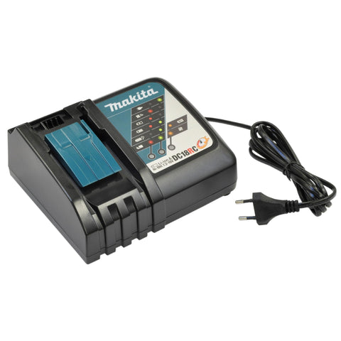 Makita DC18RC charger built-in fan in action cooling during charge.