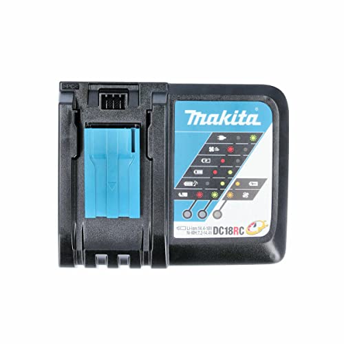 Makita compact 2.0Ah battery charging with DC18RC for versatile setups.