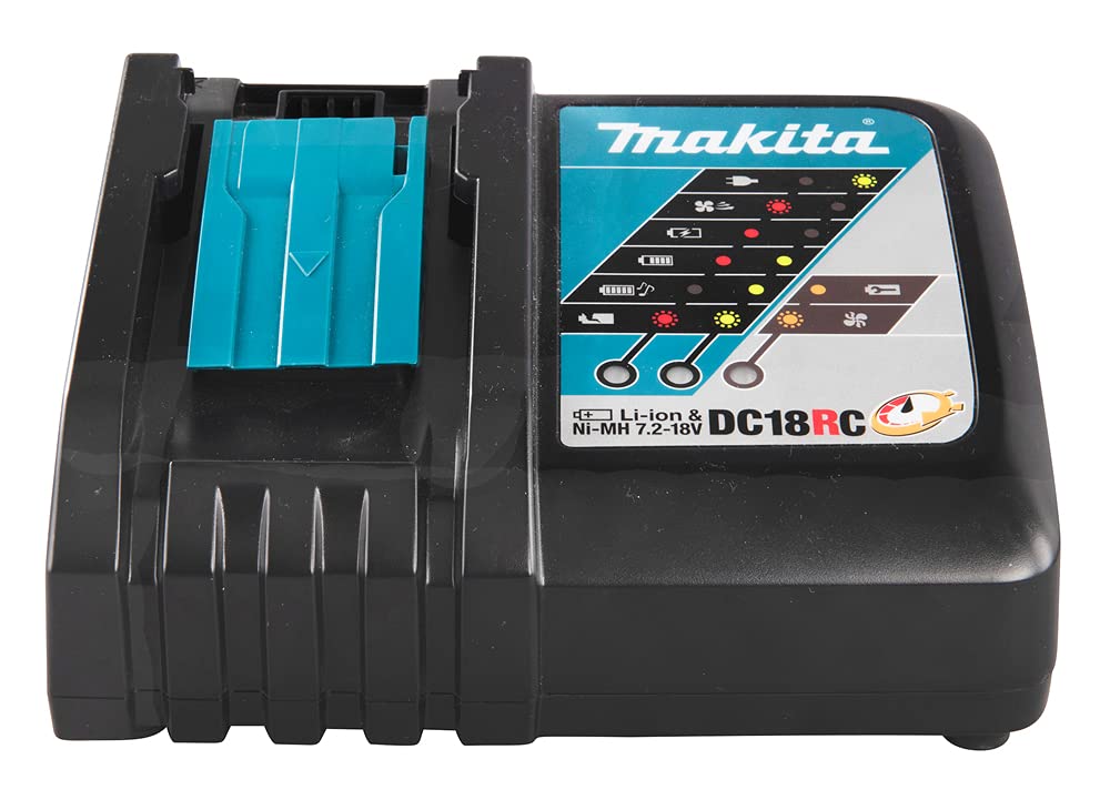 Makita DC18RC rapid optimum charger shown on a workbench for quick on-site charging.