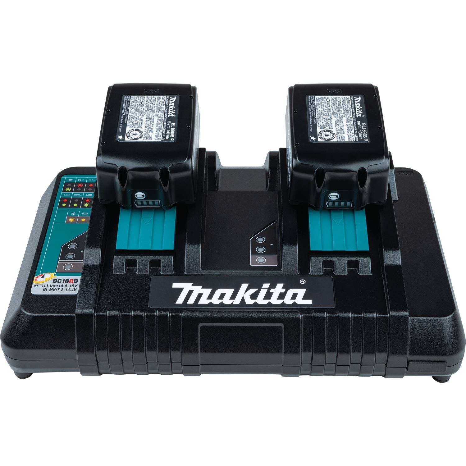 Makita DC18RD with built-in fan cooling reduces heat during charging for faster results.