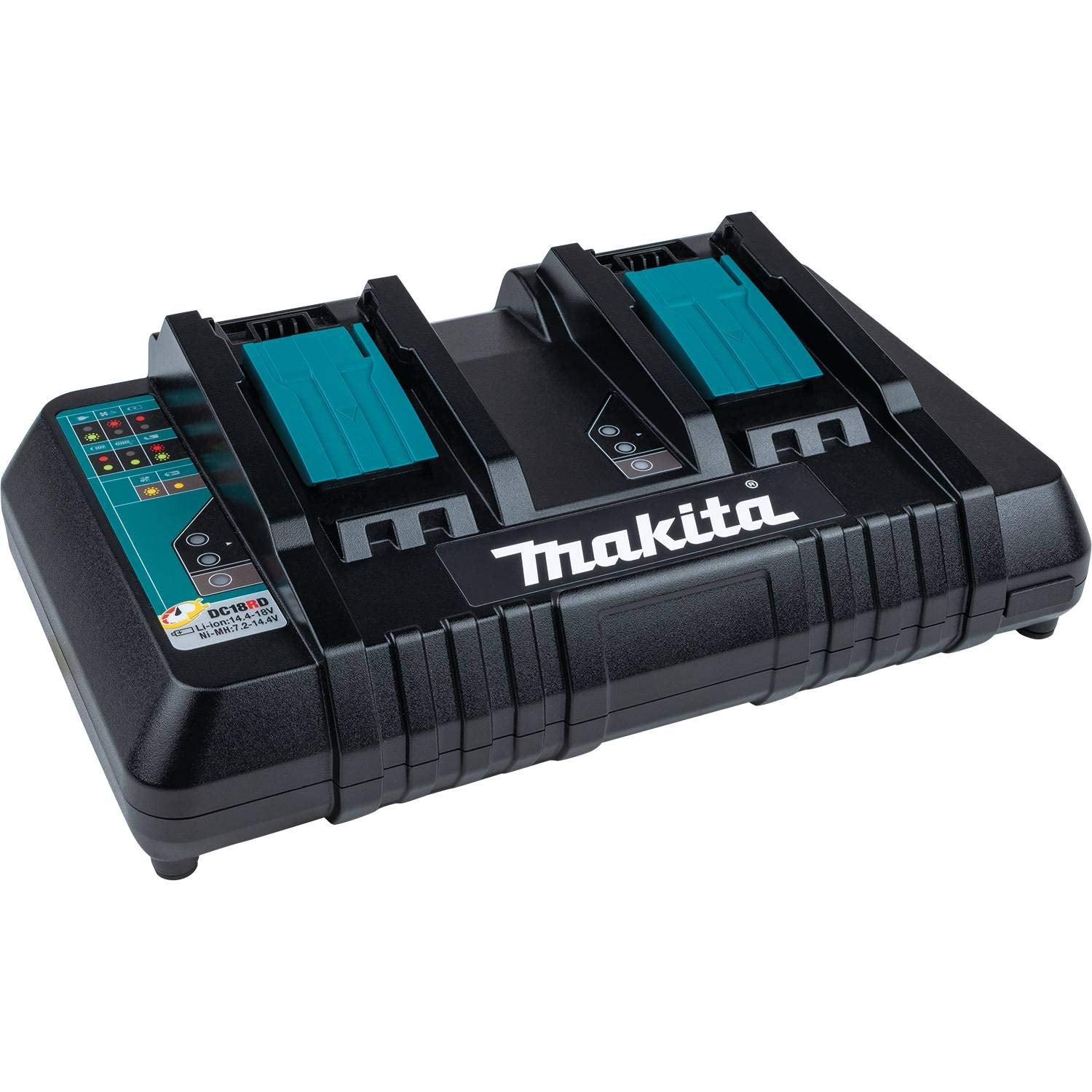 Makita DC18RD dual-port charger powers two 18V batteries simultaneously for efficient job-site sessions.