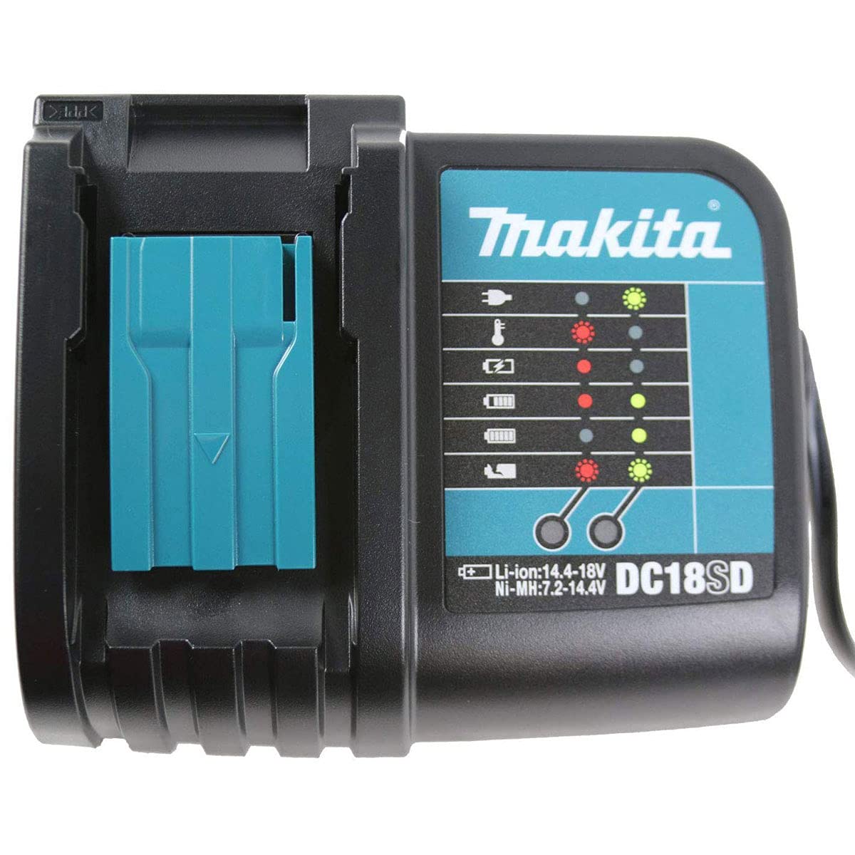 Makita DC18SD side view showing compact charger profile for workshop use