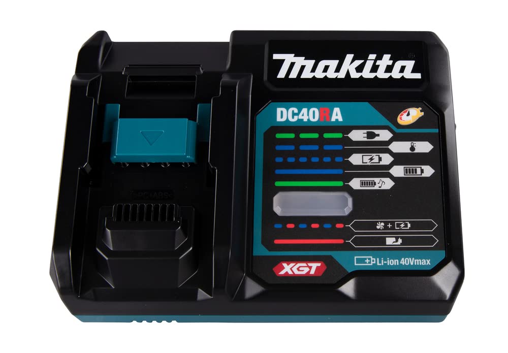 Makita DC40RA rapid charger back view; sturdy design for busy job sites.
