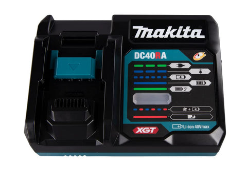 Makita DC40RA rapid charger back view; sturdy design for busy job sites.