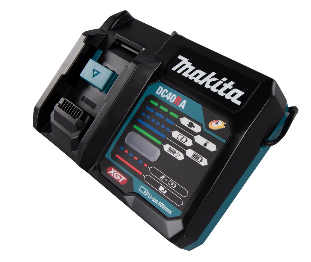 Makita DC40RA rapid charger in use; keeps 40V XGT batteries ready between tasks.