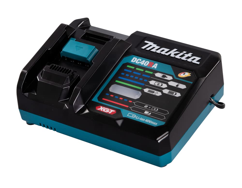 Makita DC40RA rapid charger package; compact setup for easy inventory and transport.