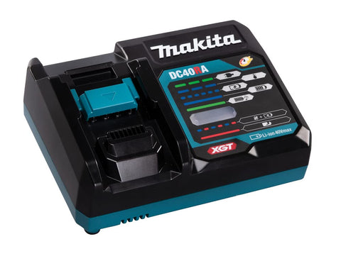 Makita DC40RA rapid charger top panel; advanced technology for safe, efficient charging.