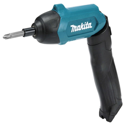 Teal Makita DF001DW body with ergonomic handle for comfortable use.