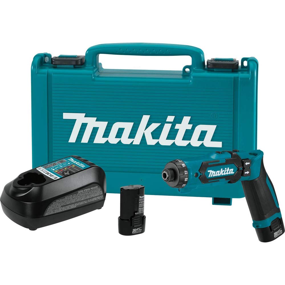Makita DF012DSE compact driver drill for tight-space projects and precise fastenings.