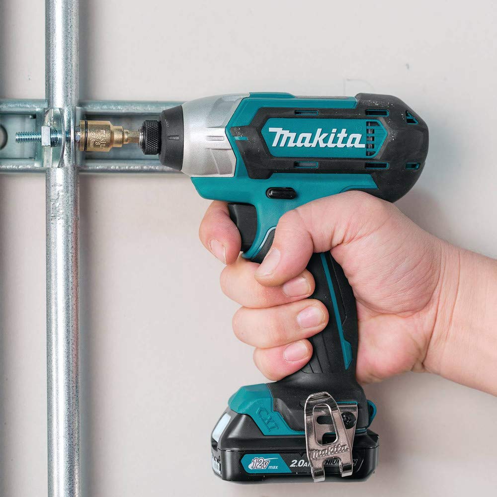 Makita DT03R1 slide-battery design lets the tool stand on its own for convenient placement.