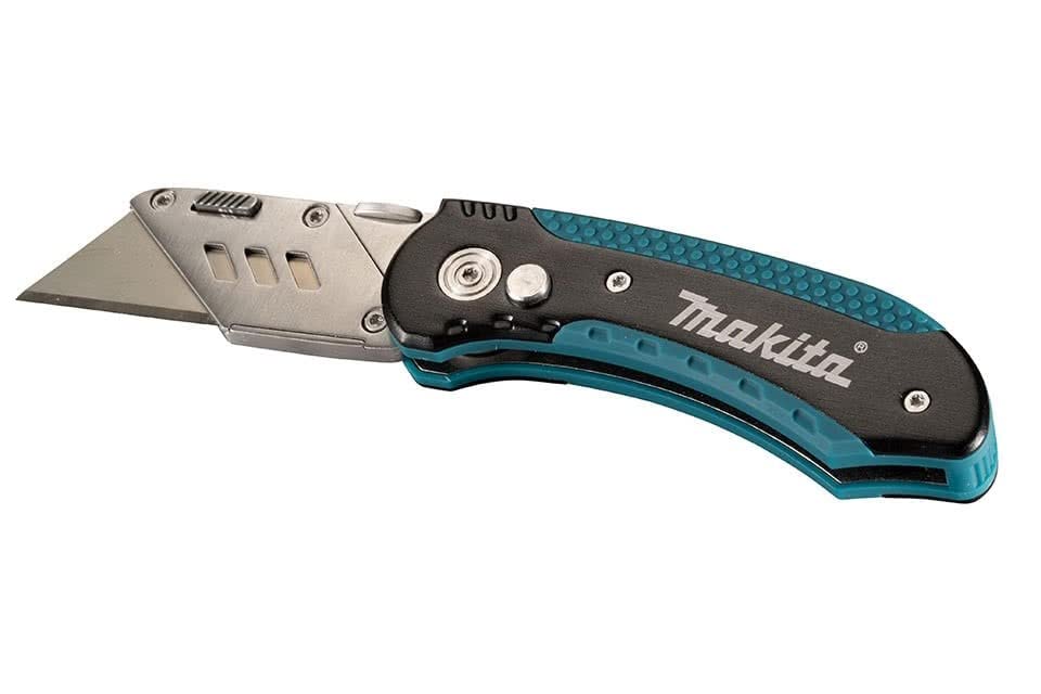 Makita folding knife with belt clip stays within reach during work.