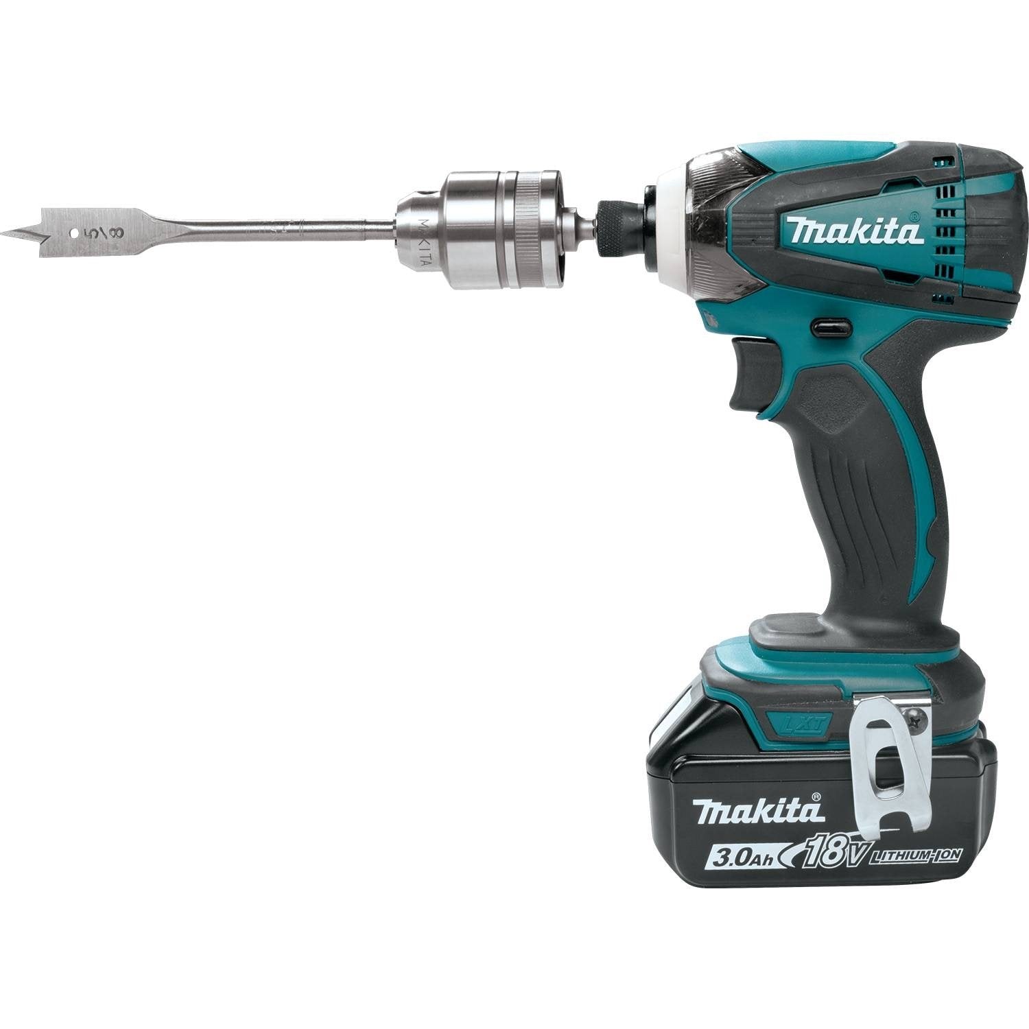 Makita keyless chuck grey in-hand image emphasizes compact design and easy grip.
