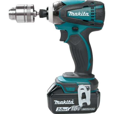 Makita keyless chuck grey in-use image demonstrates fast bit changes during projects.