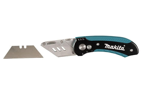Makita knife in folded position shows compact storage for tool pockets.