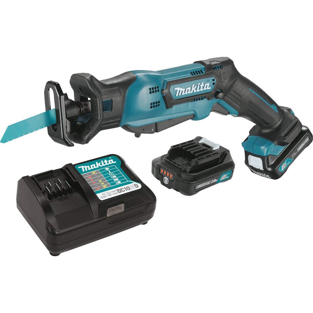 Makita RJ03R1 cordless reciprocating saw kit with two batteries for balanced handling.