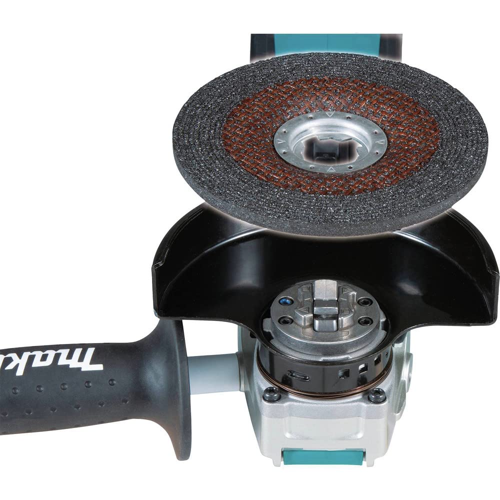 Makita XAG25Z with X-Lock wheel-change system for tool-free setup.
