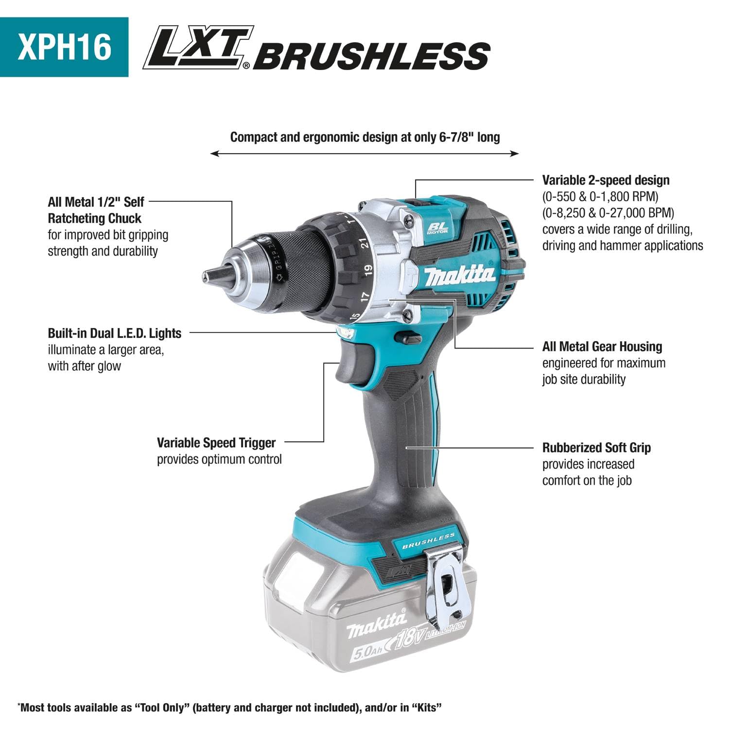 Makita XPH16Z brushless motor boosts efficiency and runtime.