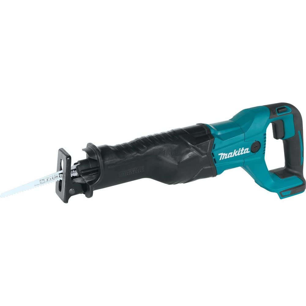 Makita XRJ04Z cordless reciprocating saw in hand for fast, clean cuts.