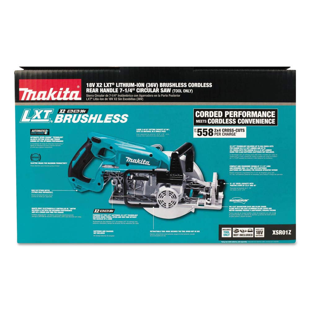 Makita XSR01Z powered by two 18V LXT batteries for cordless freedom.