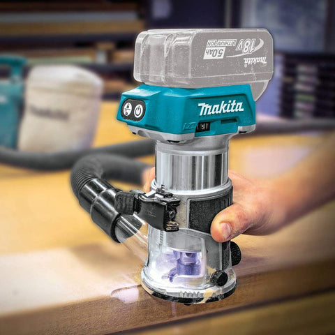 Makita XTR01Z cordless router highlighting soft-start feature for smooth operation